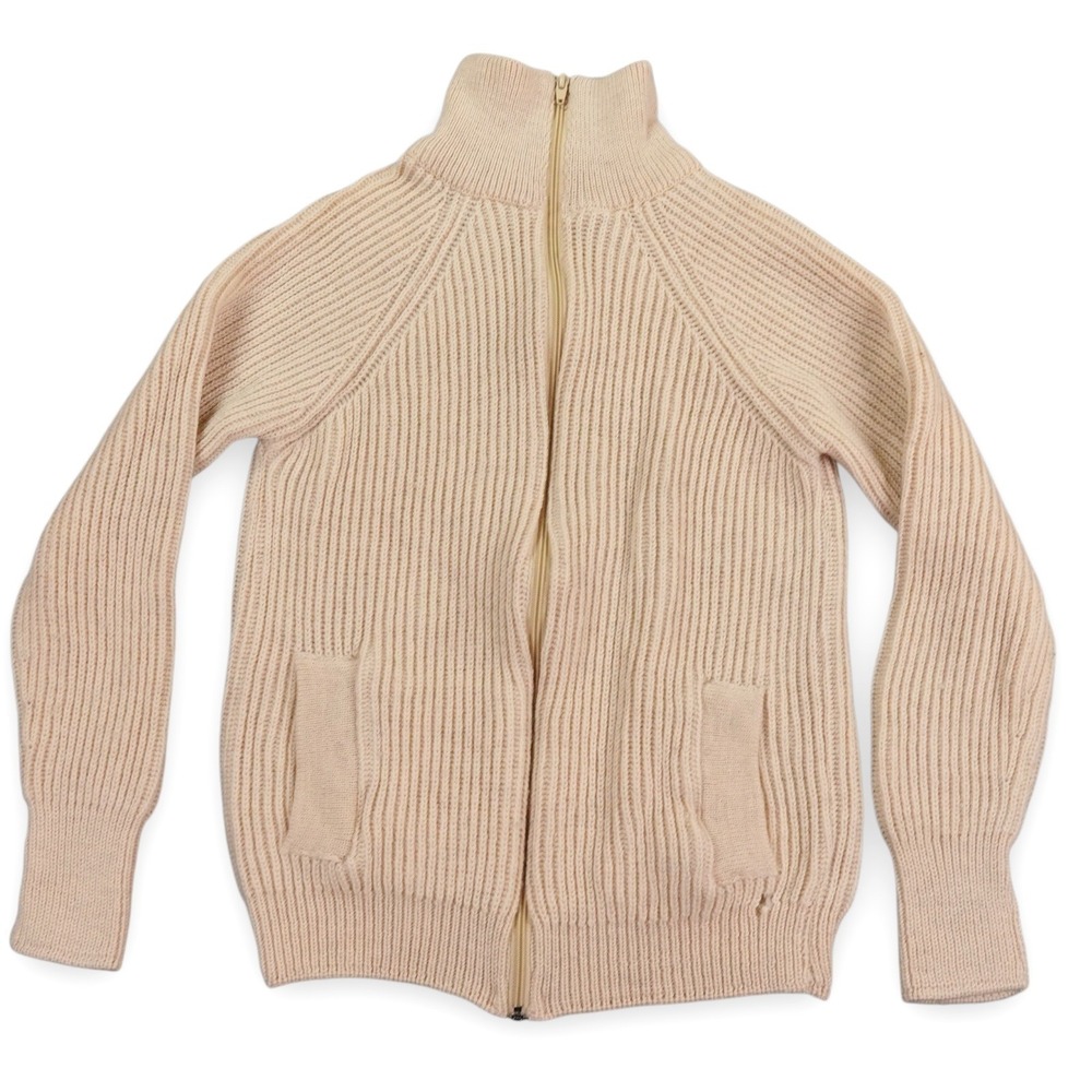 VTG LL Bean Cardigan Sweater Womens Medium Cream 100% Pure British Wool Zip Up